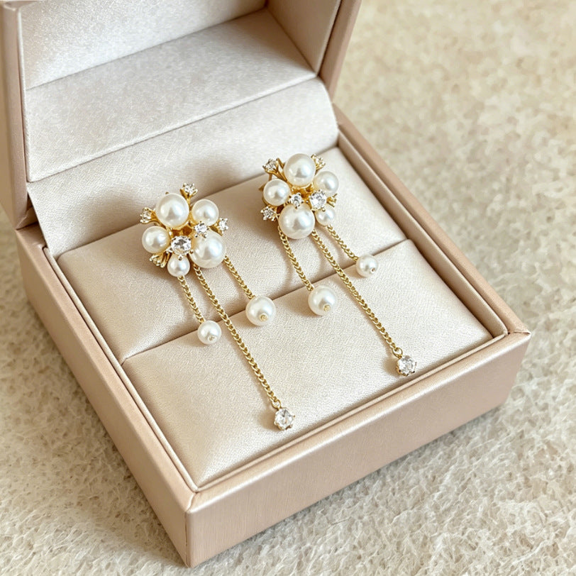 Flowers Tassel Earrings For Women With Copper Studs, Alloy Material And Zircon Inlay