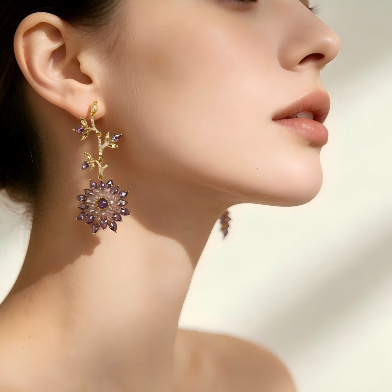 Gold Flowers Earrings For Women Featuring Brass Material And Zircon Inlay With 304 Stainless Steel Ear Pins, 1 Pair