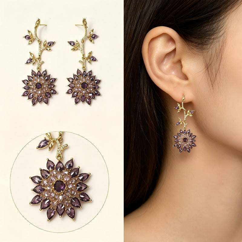 Gold Flowers Earrings For Women Featuring Brass Material And Zircon Inlay With 304 Stainless Steel Ear Pins, 1 Pair