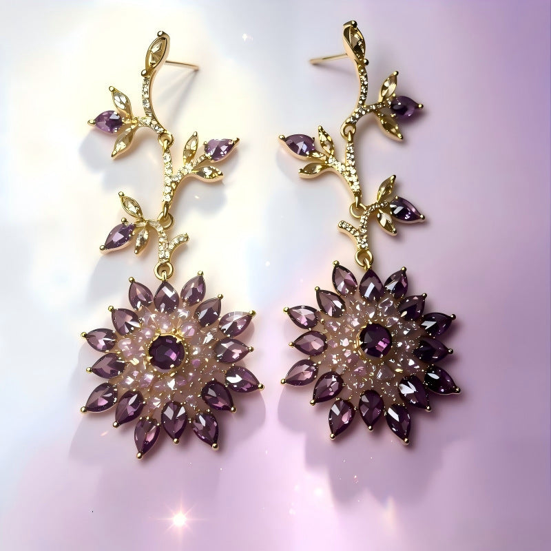 Gold Flowers Earrings For Women Featuring Brass Material And Zircon Inlay With 304 Stainless Steel Ear Pins, 1 Pair