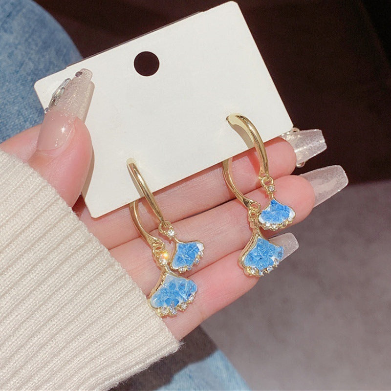 Ginkgo Leaf Earrings For Women In Blue Alloy With Rhinestones Featuring 304 Stainless Steel Ear Pins