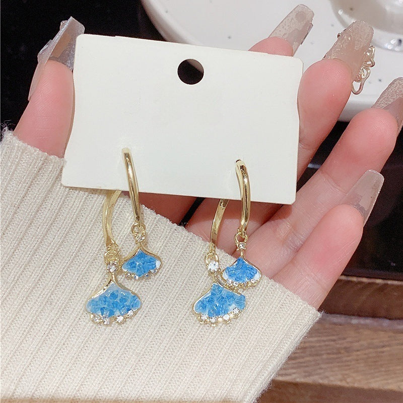 Ginkgo Leaf Earrings For Women In Blue Alloy With Rhinestones Featuring 304 Stainless Steel Ear Pins