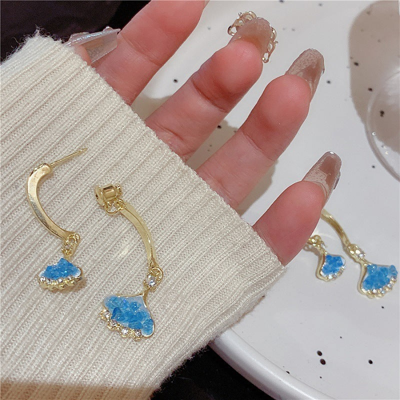 Ginkgo Leaf Earrings For Women In Blue Alloy With Rhinestones Featuring 304 Stainless Steel Ear Pins
