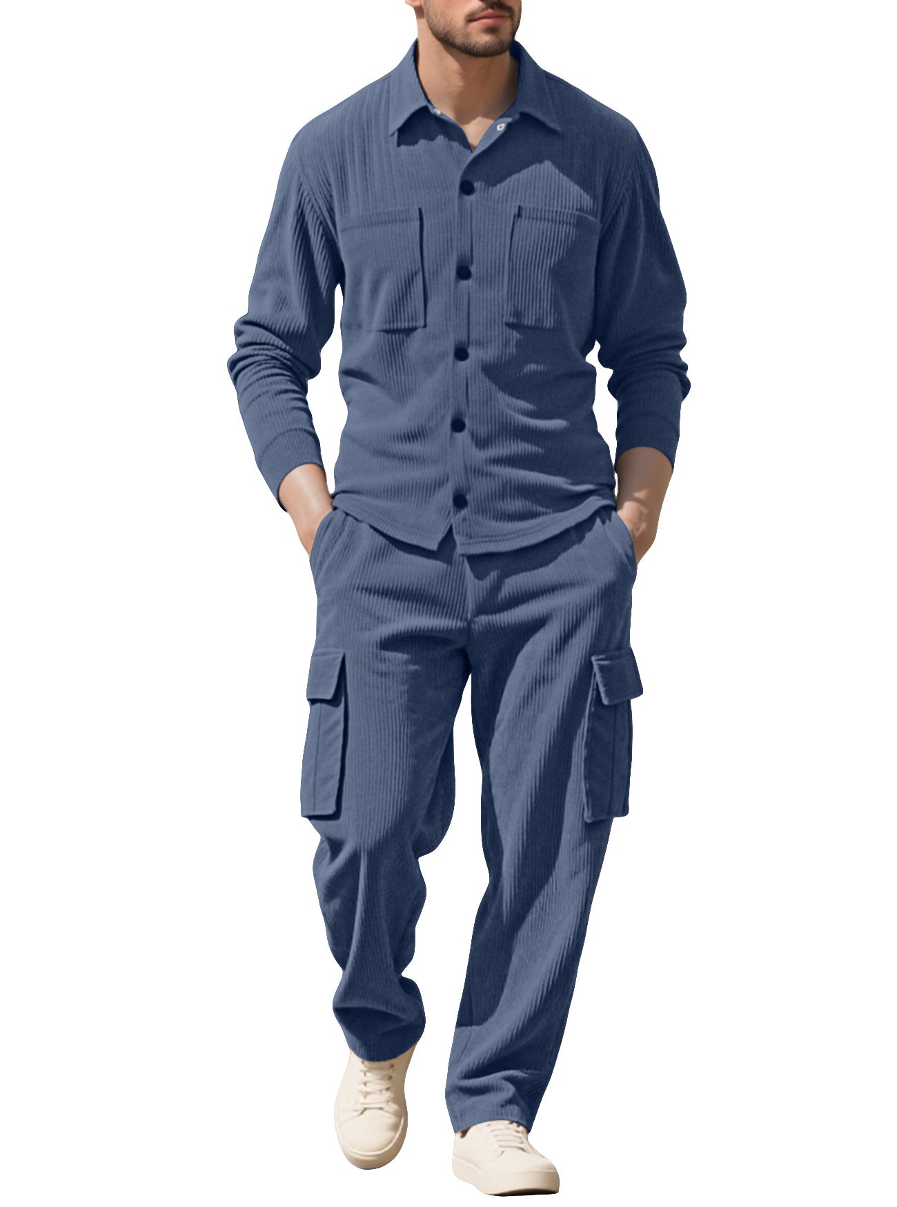 Men's Casual Navy Blue Pant Co-ord Set In Polyester Fabric With Placket For Everyday Wear