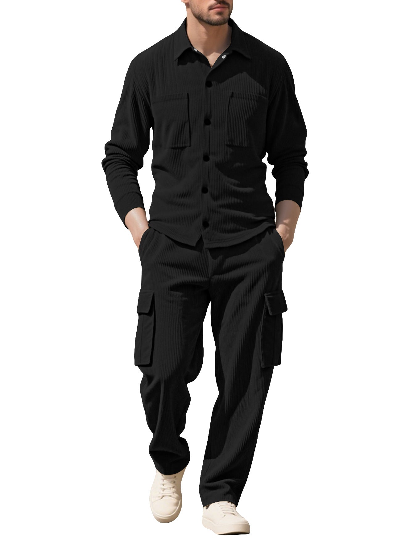 Men's Casual Navy Blue Pant Co-ord Set In Polyester Fabric With Placket For Everyday Wear