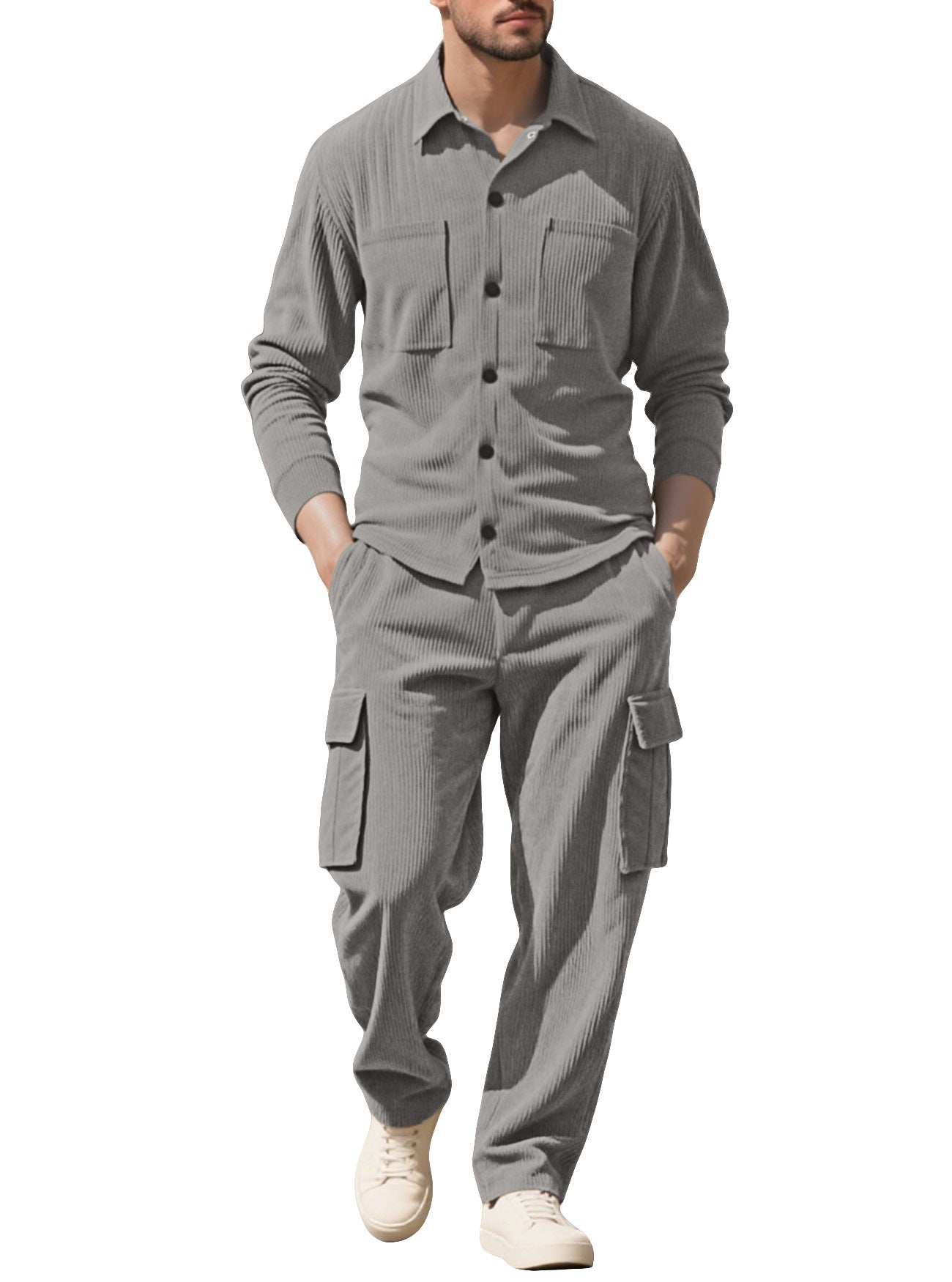 Men's Casual Navy Blue Pant Co-ord Set In Polyester Fabric With Placket For Everyday Wear