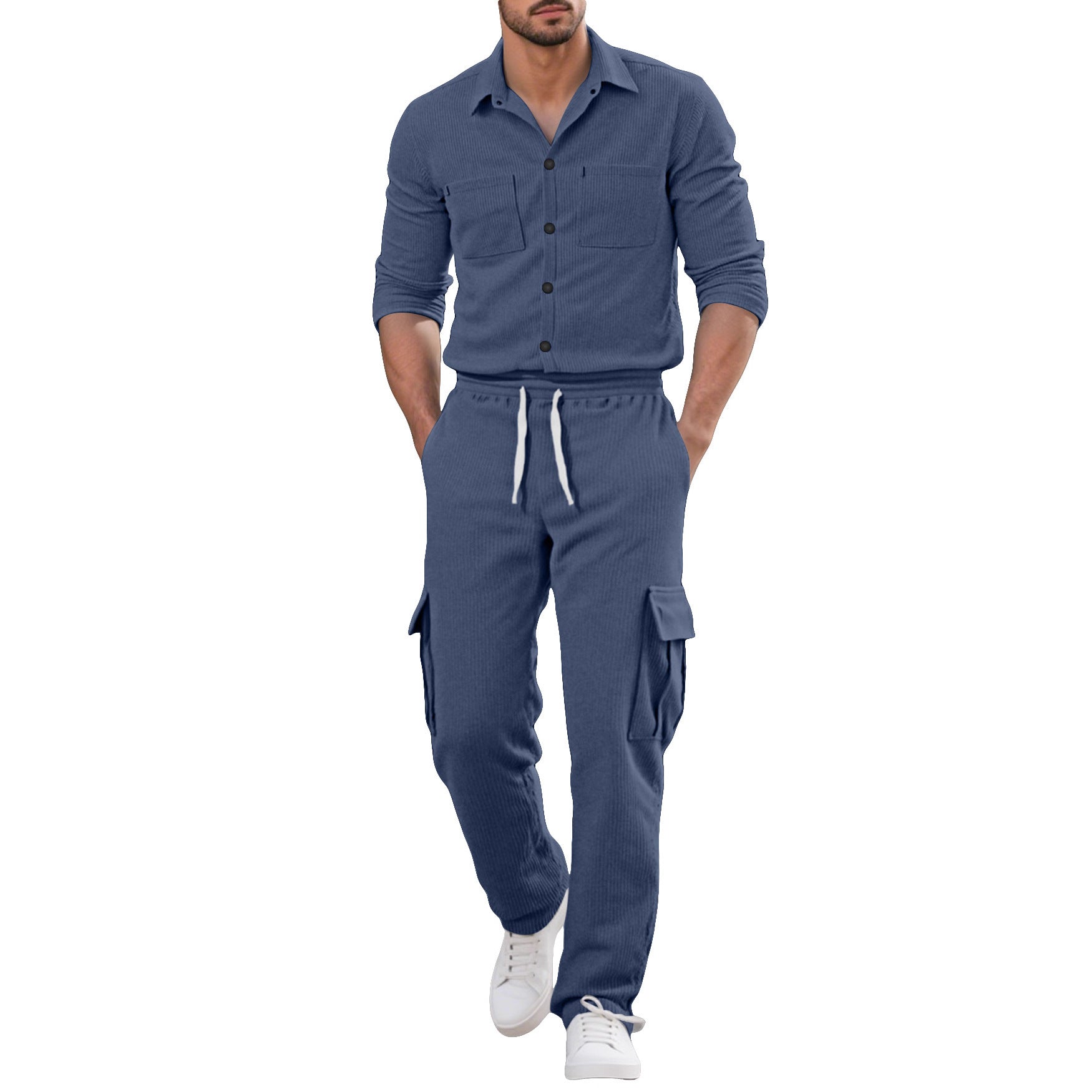 Men's Casual Navy Blue Pant Co-ord Set In Polyester Fabric With Placket For Everyday Wear