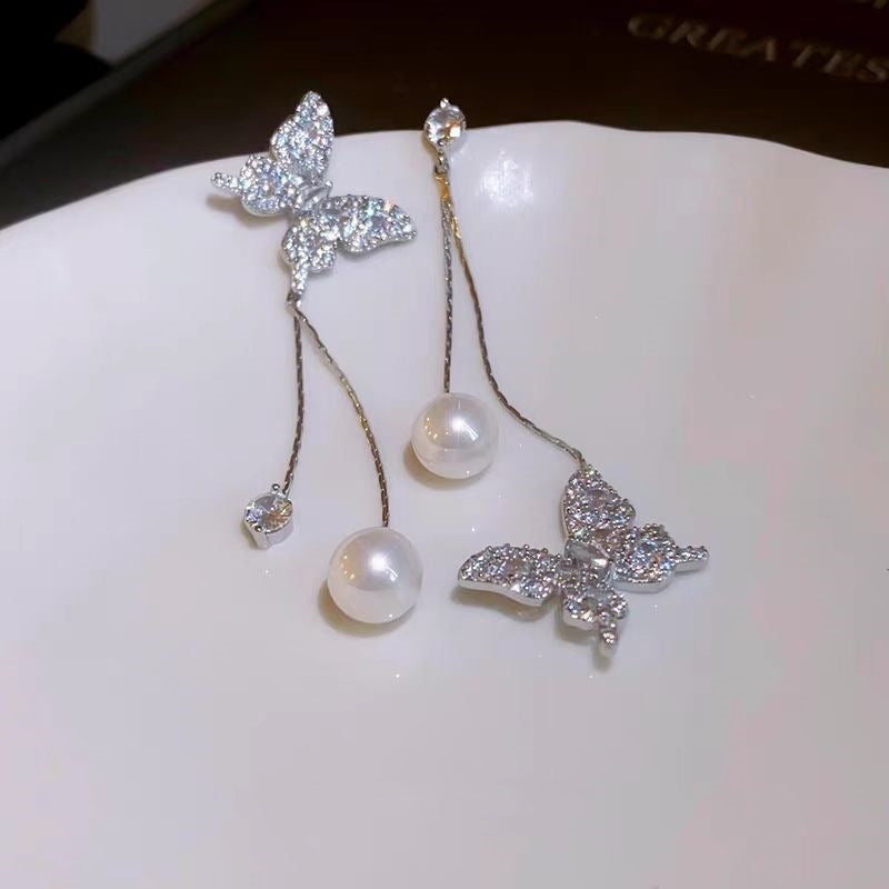 Asymmetrical Silver Butterfly Earrings For Women With 304 Stainless Steel Alloy Ear Pins