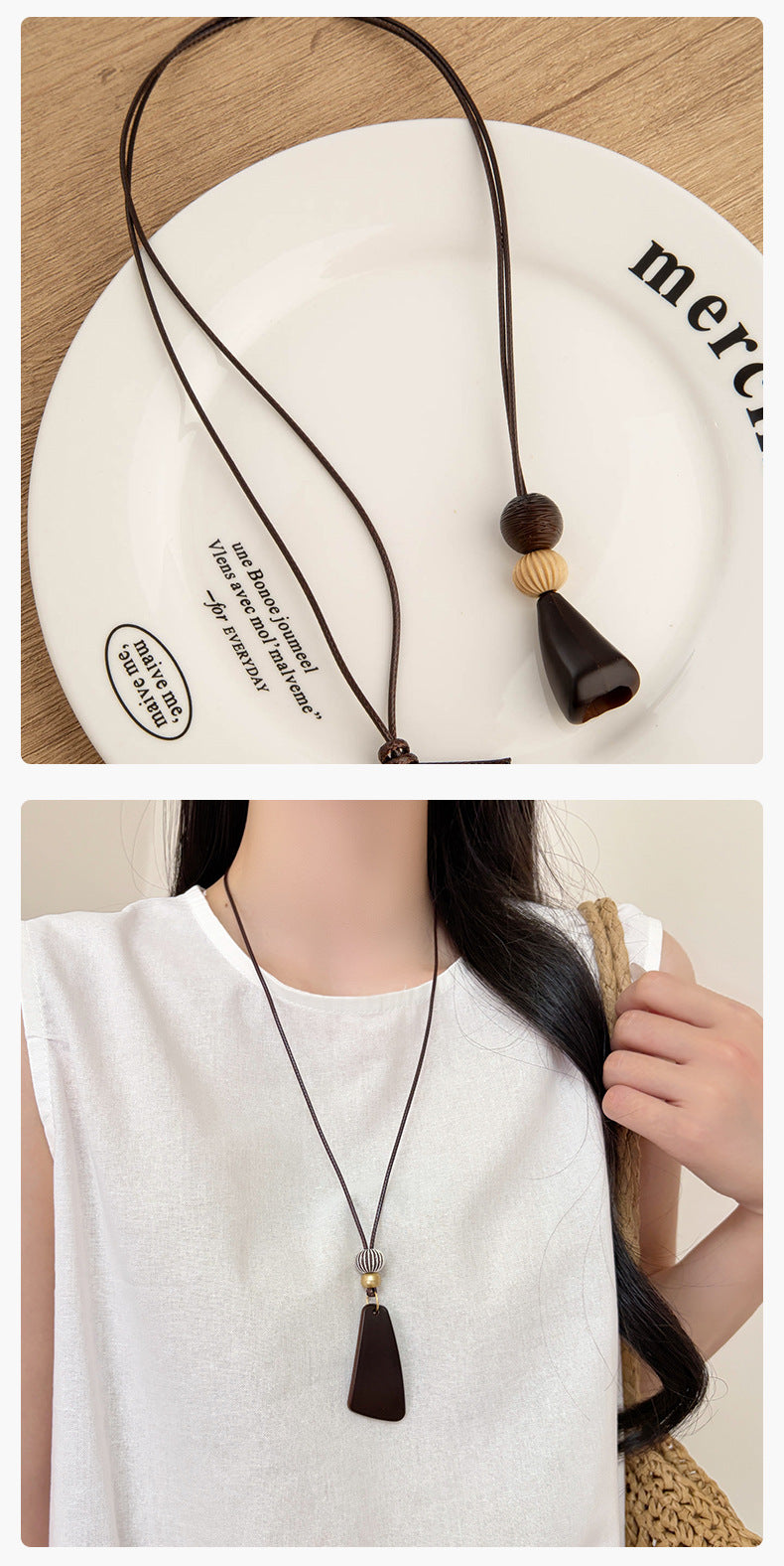 Ethnic Style Irregular Brown Pendant Necklace For Women With Leather Rope Chain And Resin Pendant