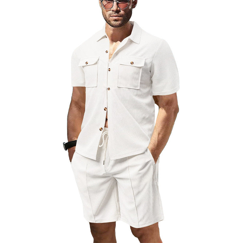 Men's Casual Solid Color White Polyester Shorts Co-ord Set With Pocket, Perfect For Casual Wear