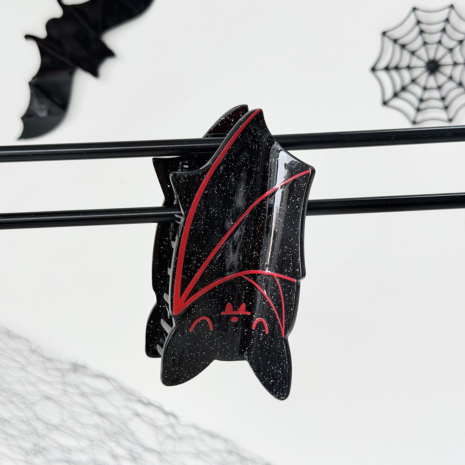 Funny Bat Hair Claw For Women In Black & Red Acrylic, Halloween Hairpin Accessory