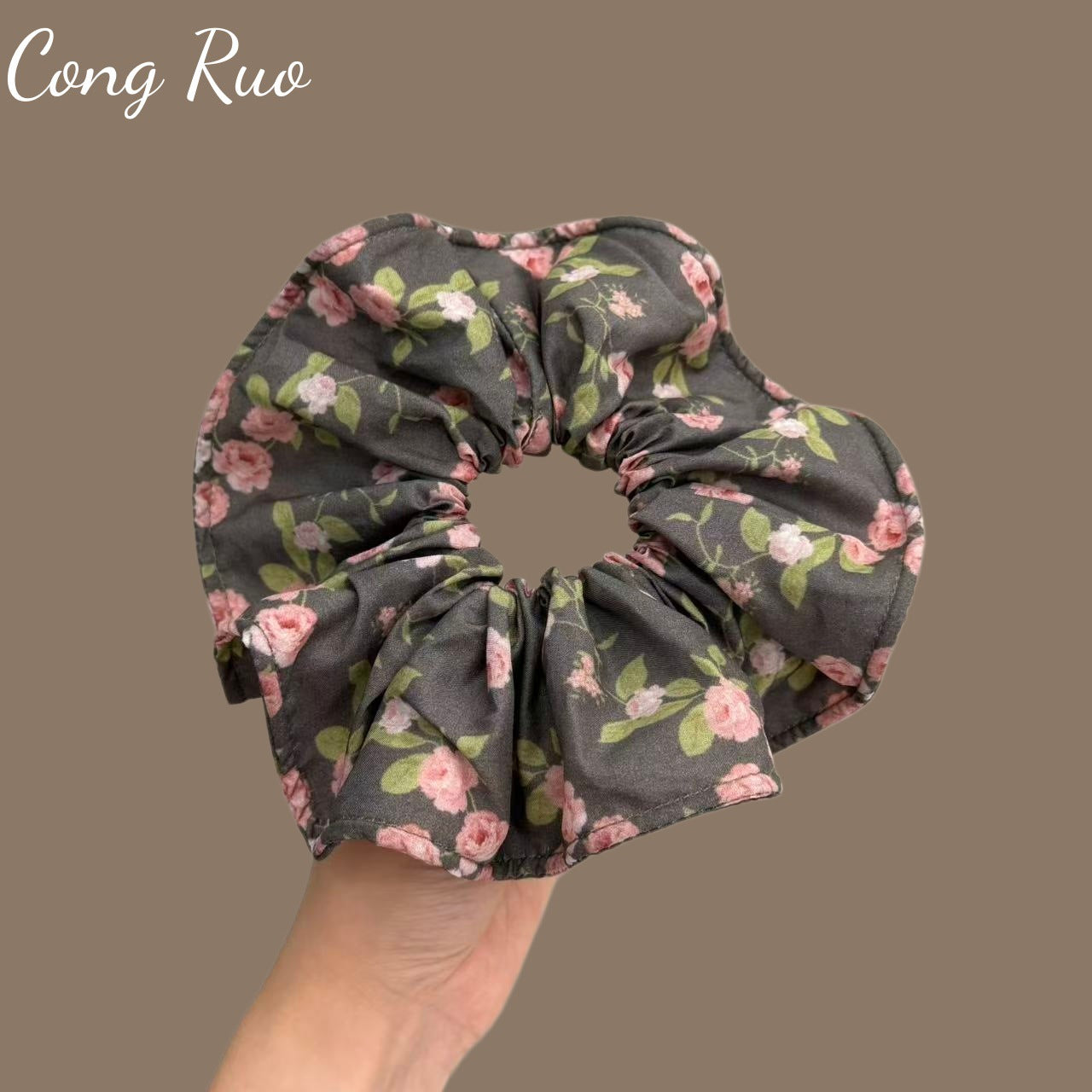 Ditsy Floral French Style Scrunchie For Women In Dark Blue, Made Of Polyester, Perfect For  Spring And Summer