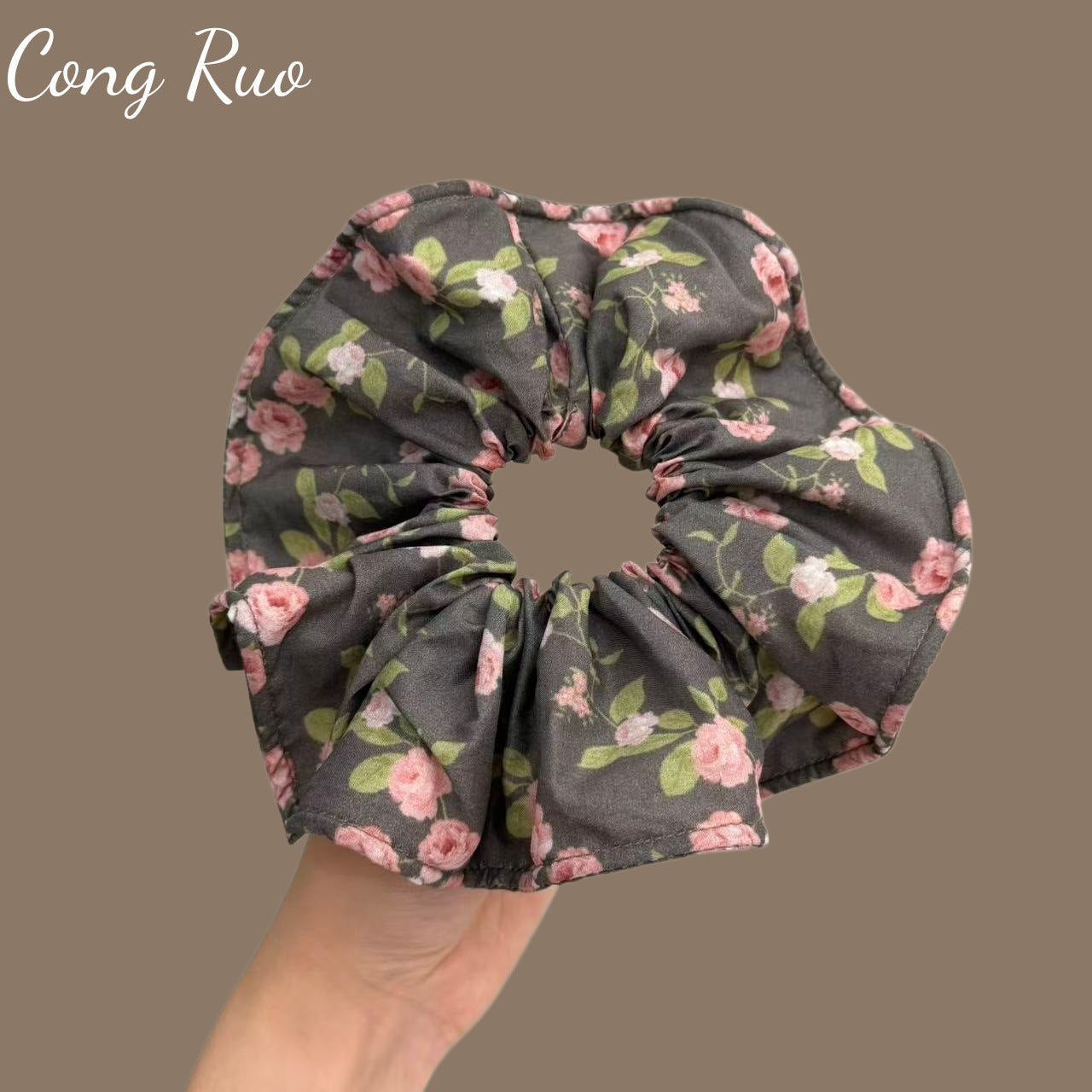 Ditsy Floral French Style Scrunchie For Women In Dark Blue, Made Of Polyester, Perfect For  Spring And Summer