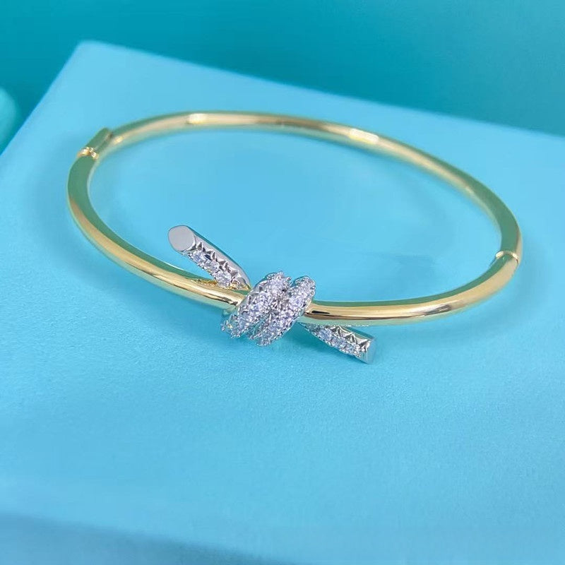Luxurious Knot Inlay Bangle For Women In 925 Sterling Silver With 18K Real Gold Plated And Zircon Inlay