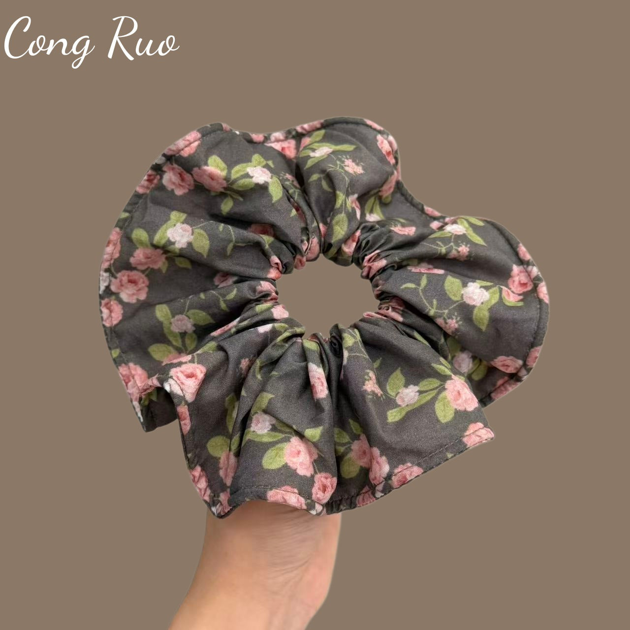 Ditsy Floral French Style Scrunchie For Women In Dark Blue, Made Of Polyester, Perfect For  Spring And Summer