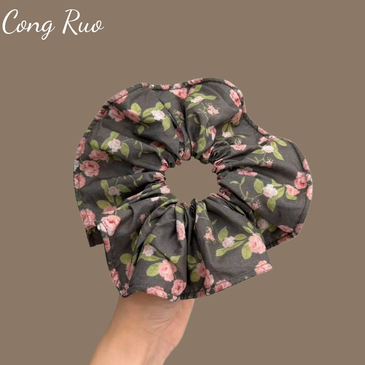 Ditsy Floral French Style Scrunchie For Women In Dark Blue, Made Of Polyester, Perfect For  Spring And Summer