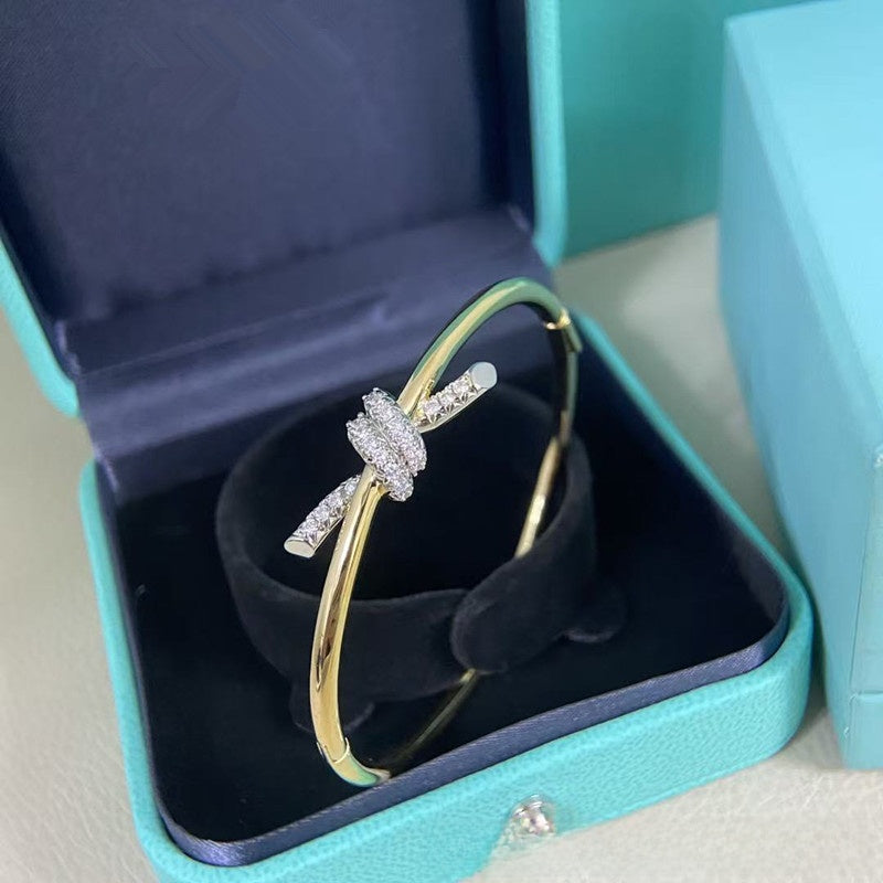 Luxurious Knot Inlay Bangle For Women In 925 Sterling Silver With 18K Real Gold Plated And Zircon Inlay