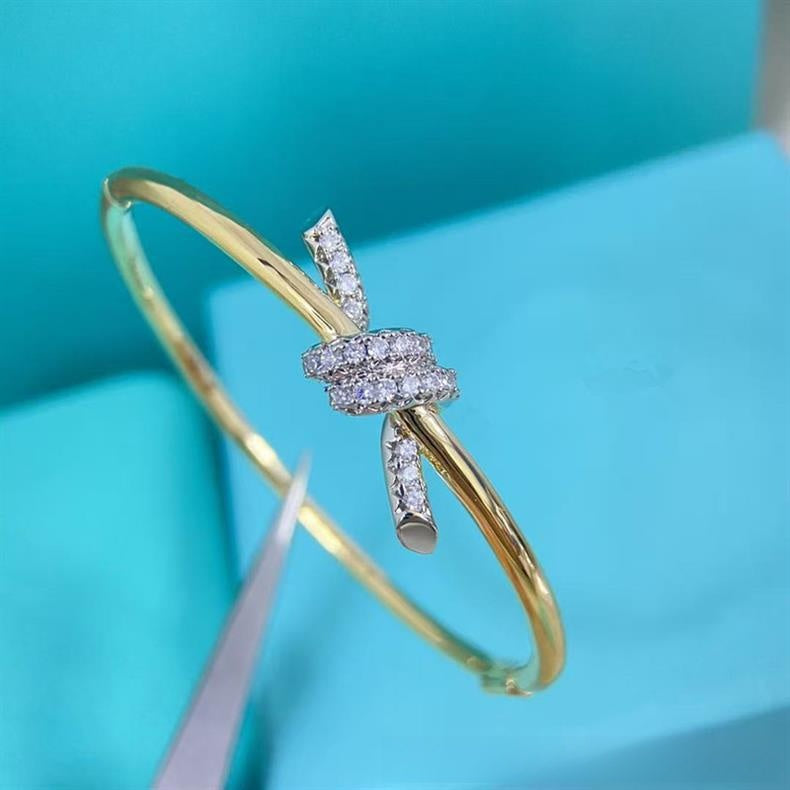 Luxurious Knot Inlay Bangle For Women In 925 Sterling Silver With 18K Real Gold Plated And Zircon Inlay