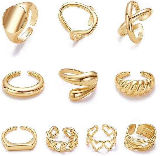 Geometric Open Rings For Women In Gold Brass, 12 Pieces Set