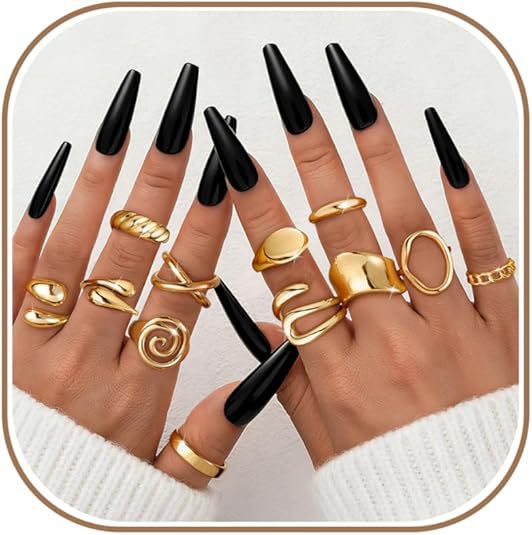 Geometric Open Rings For Women In Gold Brass, 12 Pieces Set