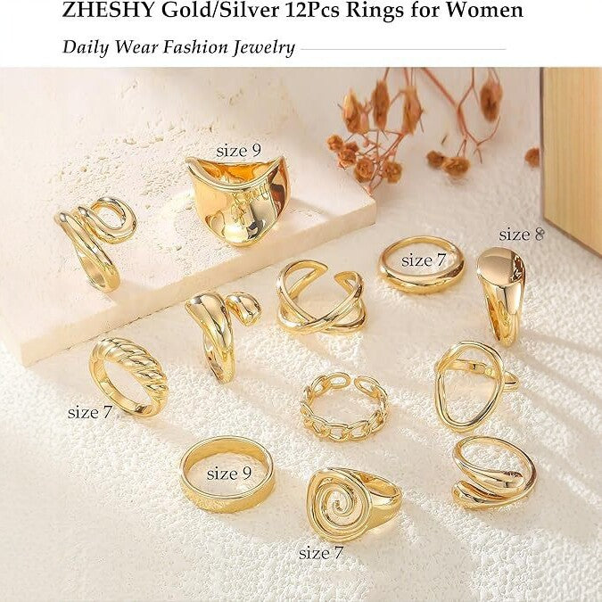 Geometric Open Rings For Women In Gold Brass, 12 Pieces Set
