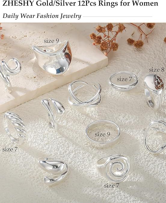Geometric Open Rings For Women In Gold Brass, 12 Pieces Set