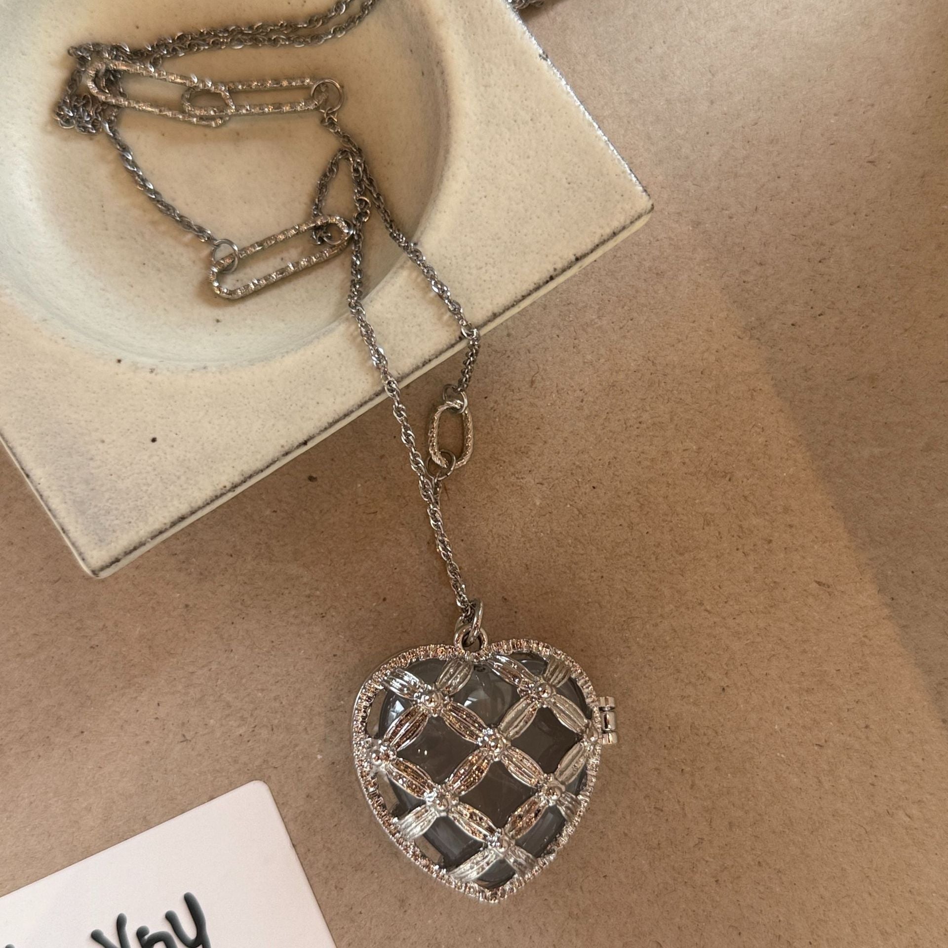 Handmade Heart Shape Sweater Chain Necklace In Silver Alloy Featuring Natural Moonstone Pendant For Unisex