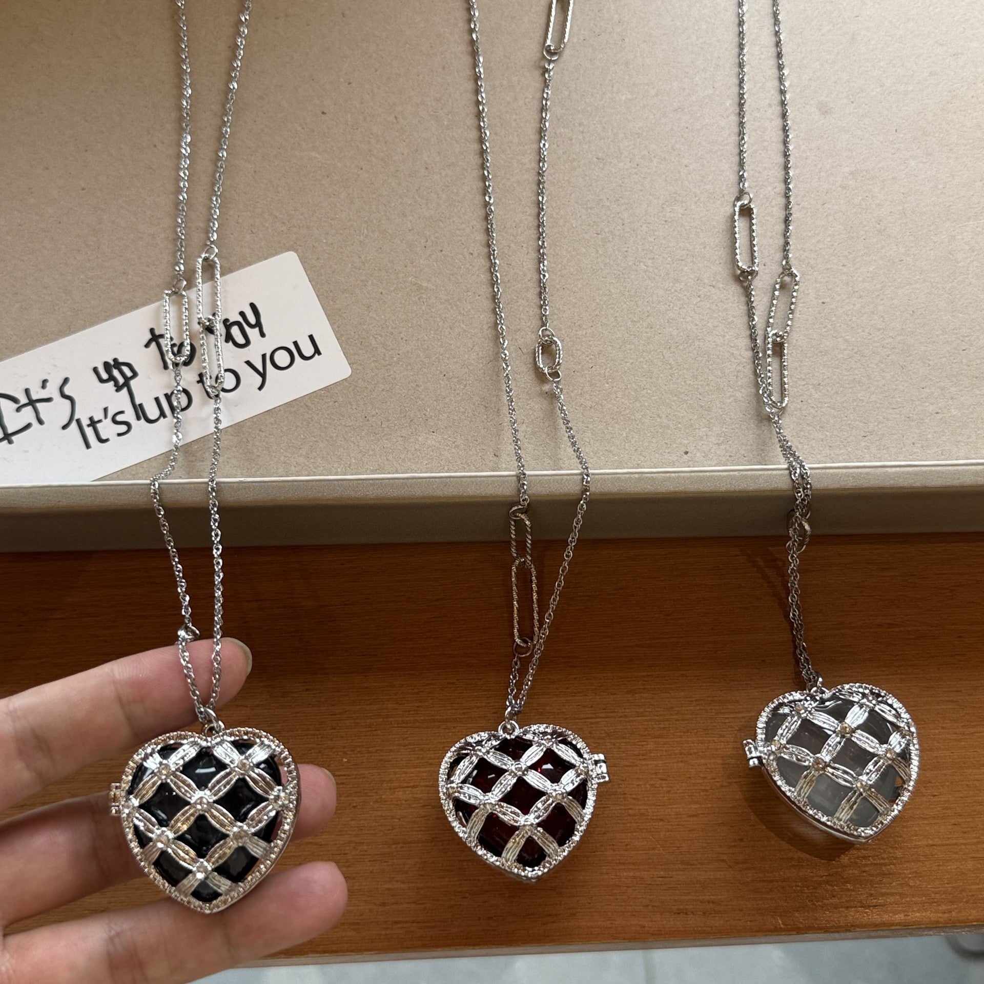 Handmade Heart Shape Sweater Chain Necklace In Silver Alloy Featuring Natural Moonstone Pendant For Unisex