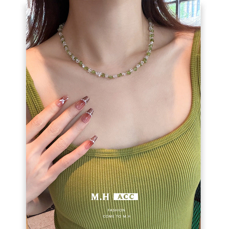 Elegant Olive Green Crystal Necklace For Women With White Crystal Inlay And Alloy Beading Craft