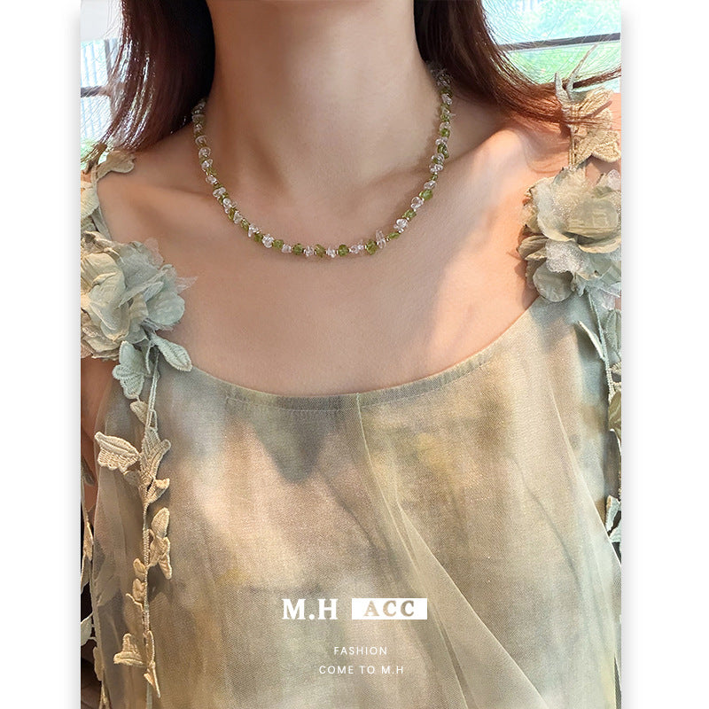 Elegant Olive Green Crystal Necklace For Women With White Crystal Inlay And Alloy Beading Craft