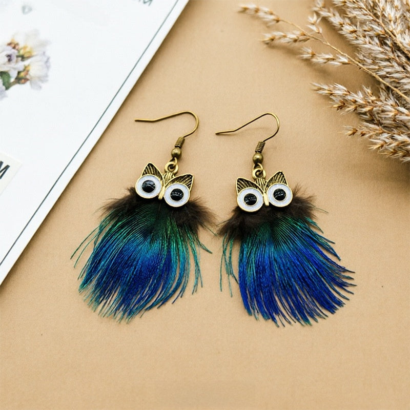 Bohemian Owl Tassel Feather Earrings For Women With Iron Ear Pins