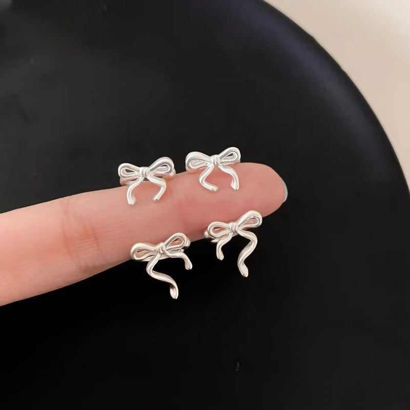 Bow Tie Clip Earrings For Women In Silver, Electroplated Copper Stud Earrings