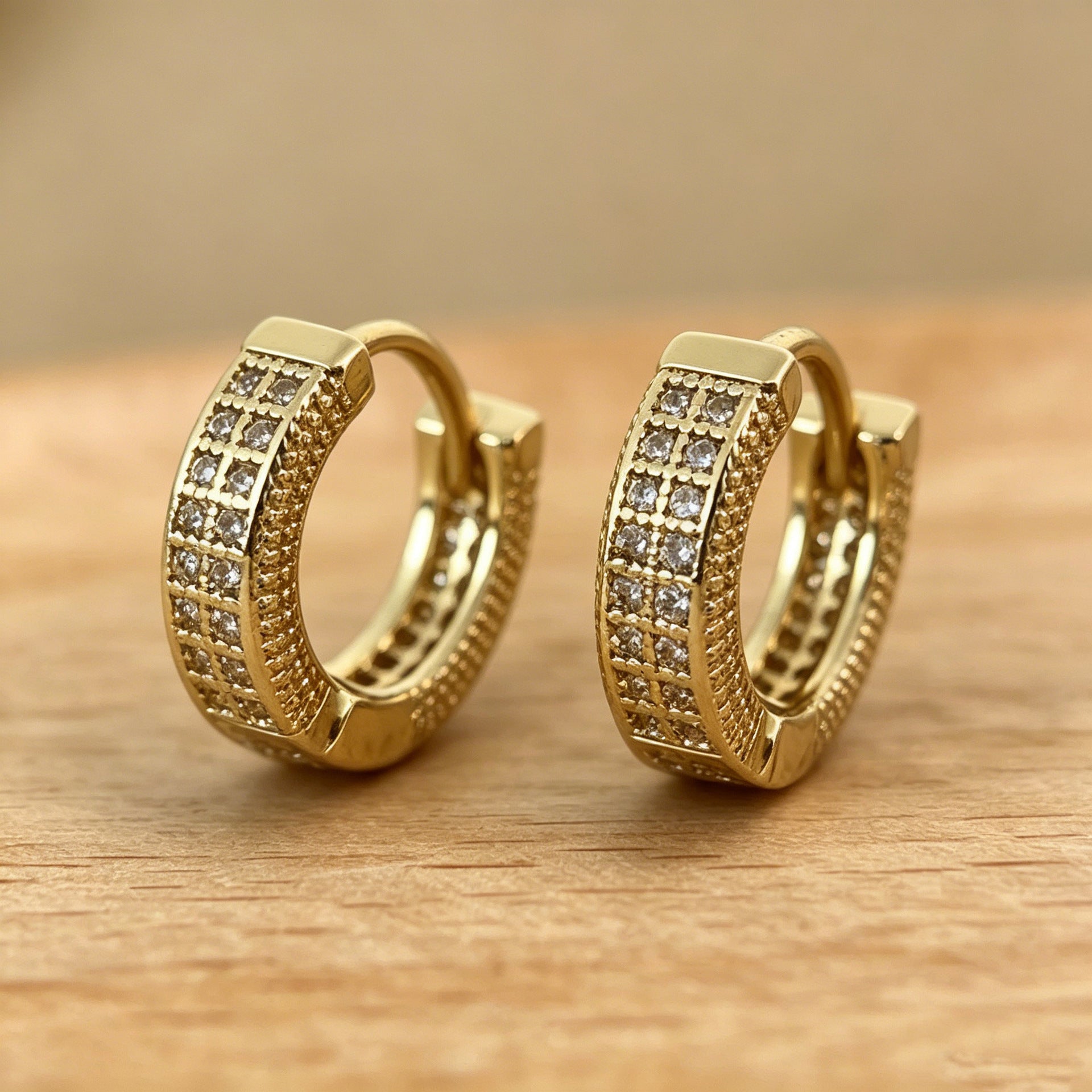 Geometric Copper Earrings With Electroplated Gold Plating Featuring Zircon Inlay, Hip-Hop Style Unisex Jewelry