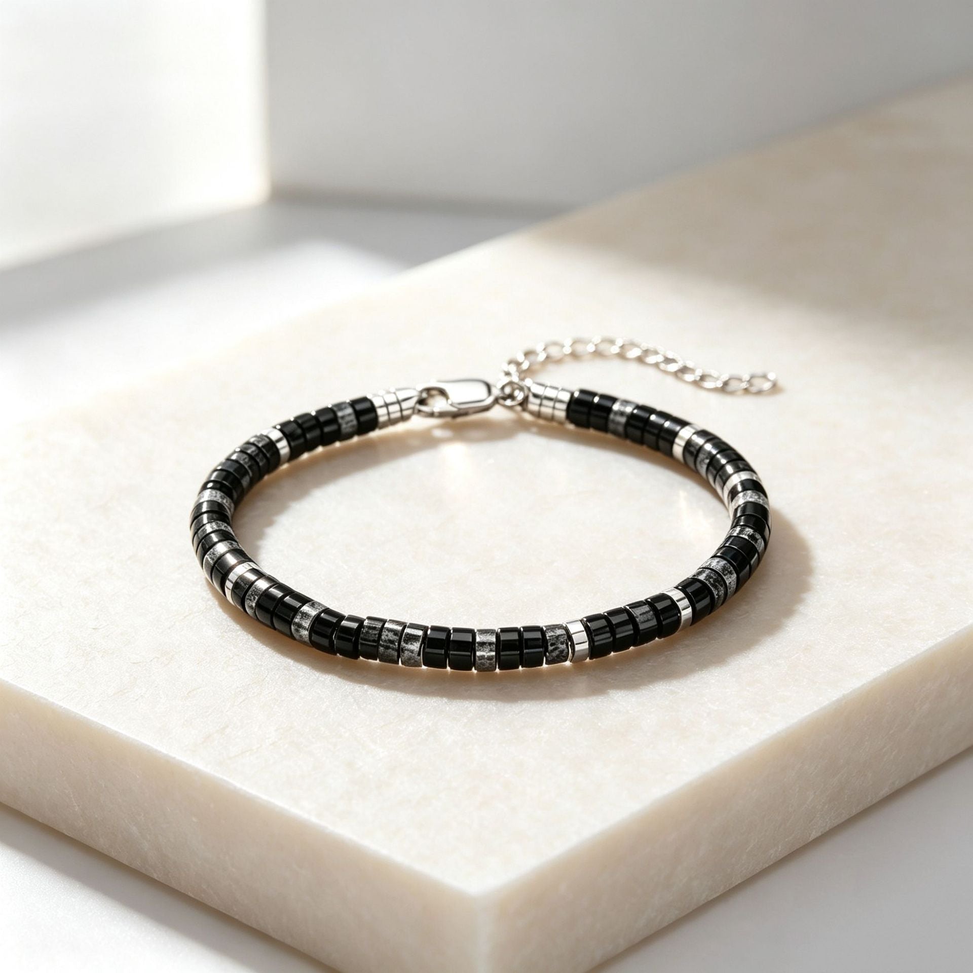 Handmade Geometric Natural Stone Bracelet For Women In Dyed Black Featuring Simple Style Design