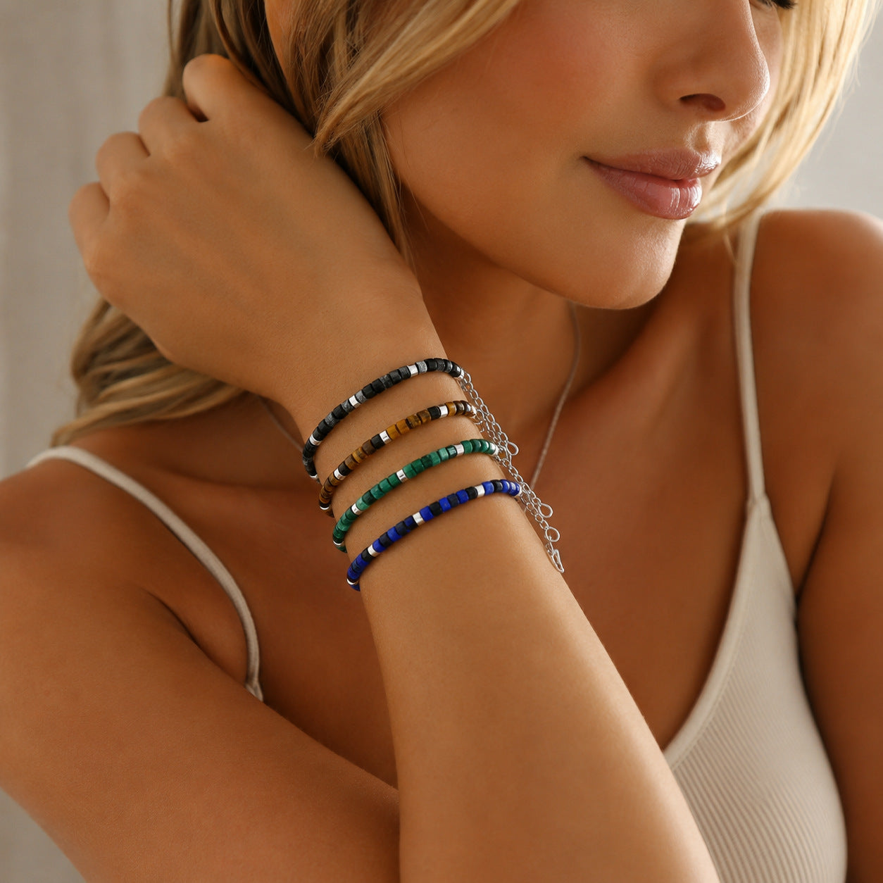 Handmade Geometric Natural Stone Bracelet For Women In Dyed Black Featuring Simple Style Design