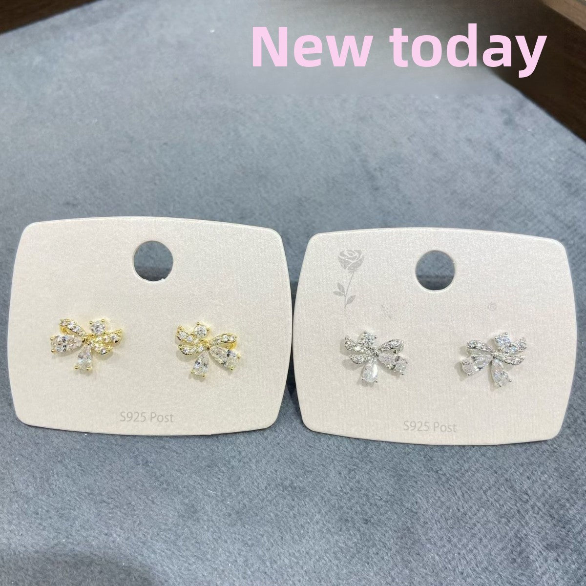 Bow Tie Stud Earrings For Women With 925 Sterling Silver Posts, Copper Base, Electroplated Real Gold And Zircon Inlay