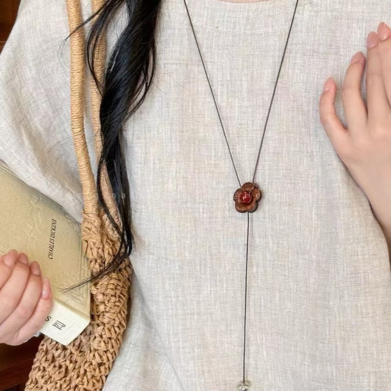 Ethnic Style Red Beaded Chain Sweater Chain Necklace For Women Featuring Wood Beading Flowers