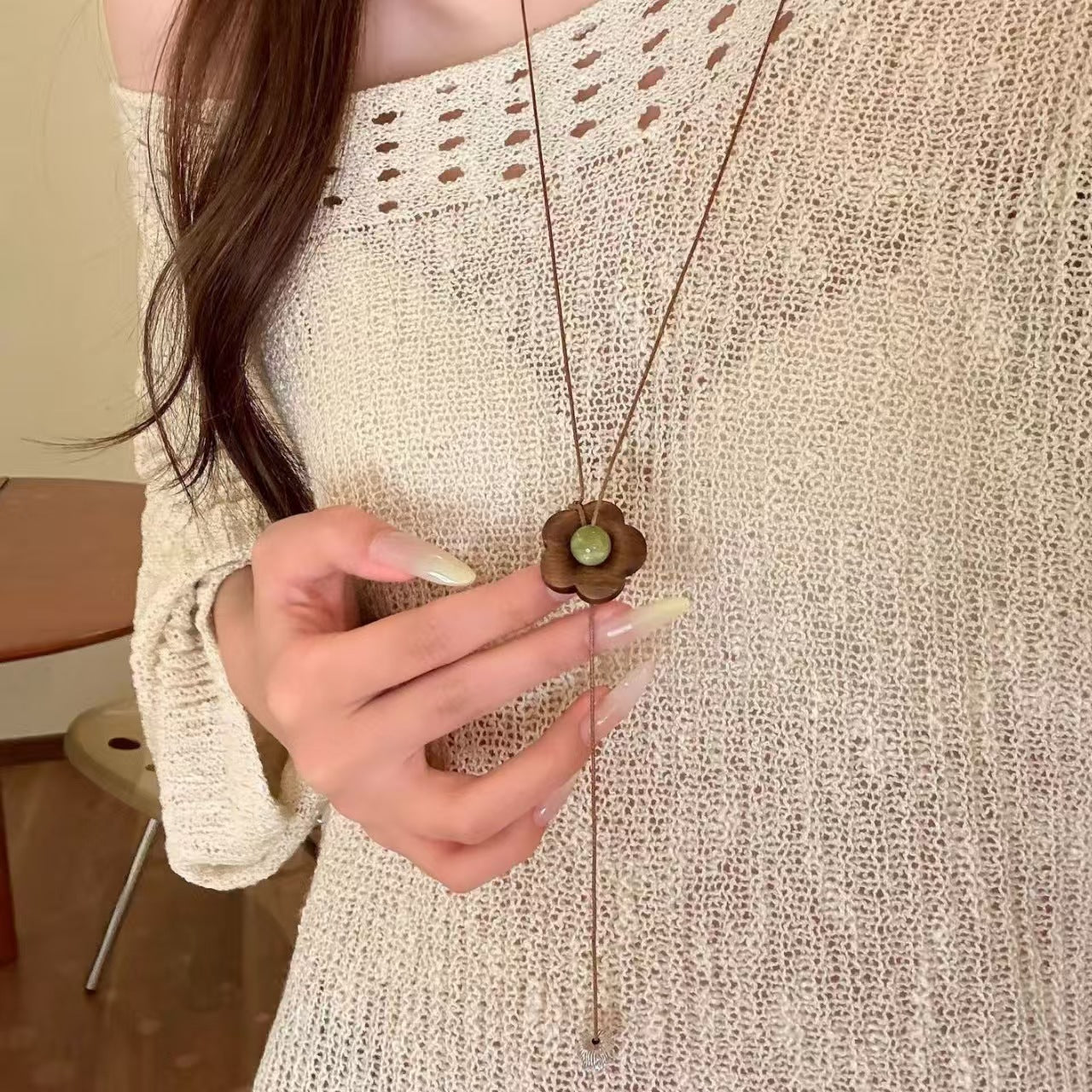 Ethnic Style Red Beaded Chain Sweater Chain Necklace For Women Featuring Wood Beading Flowers