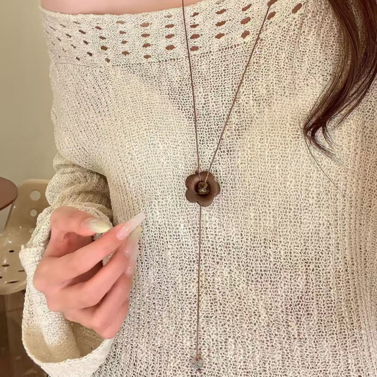 Ethnic Style Red Beaded Chain Sweater Chain Necklace For Women Featuring Wood Beading Flowers