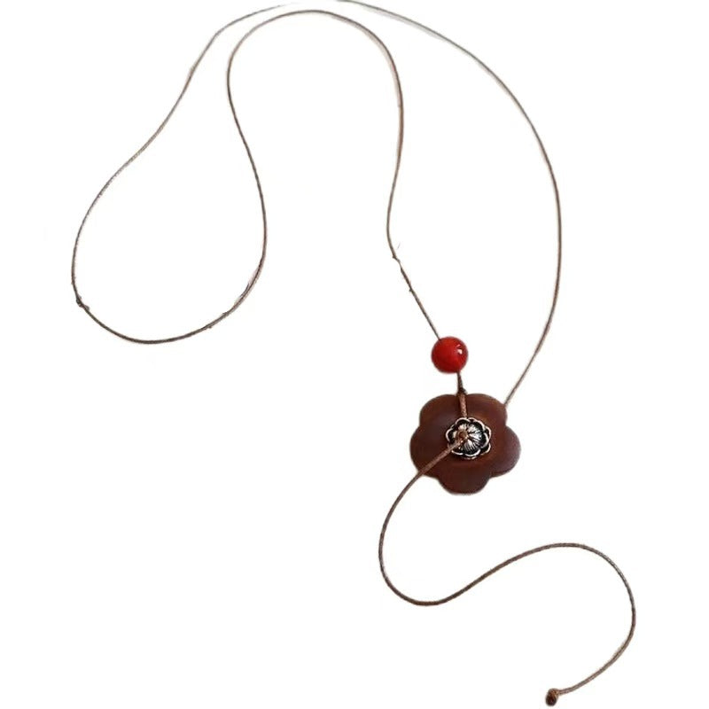 Ethnic Style Red Beaded Chain Sweater Chain Necklace For Women Featuring Wood Beading Flowers