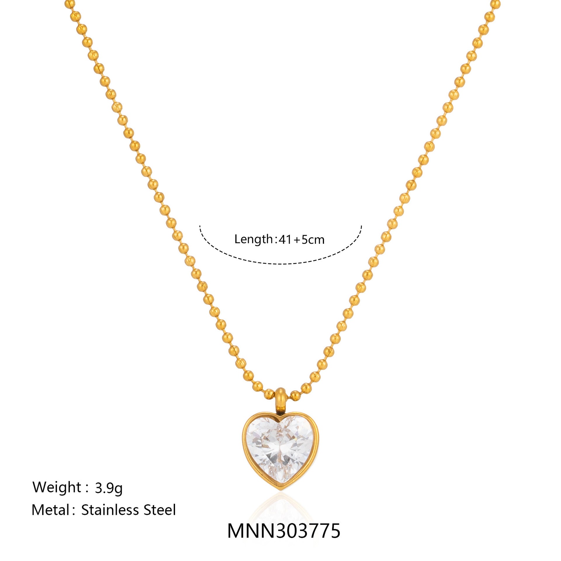 Sweet Heart Shape Necklace For Unisex, CNC Crafted In 304 Stainless Steel With Zircon Inlay, 18K Real Gold Plated