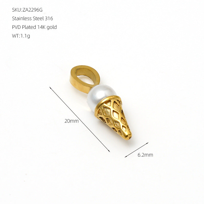 Ice Cream Pendant In 316 Stainless Steel With 14K Real Gold Plated PVD Coating And Artificial Pearl Inlay, Gold Color