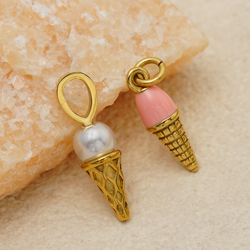 Ice Cream Pendant In 316 Stainless Steel With 14K Real Gold Plated PVD Coating And Artificial Pearl Inlay, Gold Color
