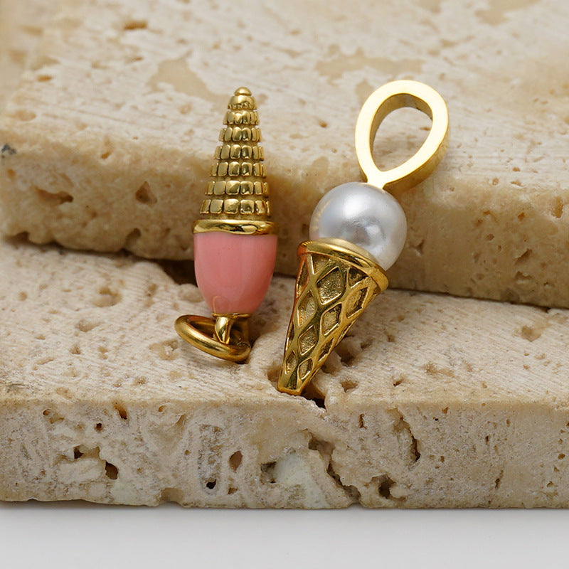 Ice Cream Pendant In 316 Stainless Steel With 14K Real Gold Plated PVD Coating And Artificial Pearl Inlay, Gold Color