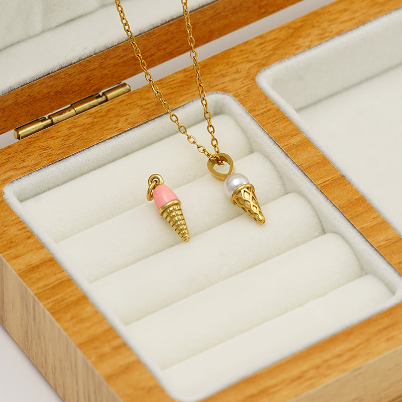 Ice Cream Pendant In 316 Stainless Steel With 14K Real Gold Plated PVD Coating And Artificial Pearl Inlay, Gold Color