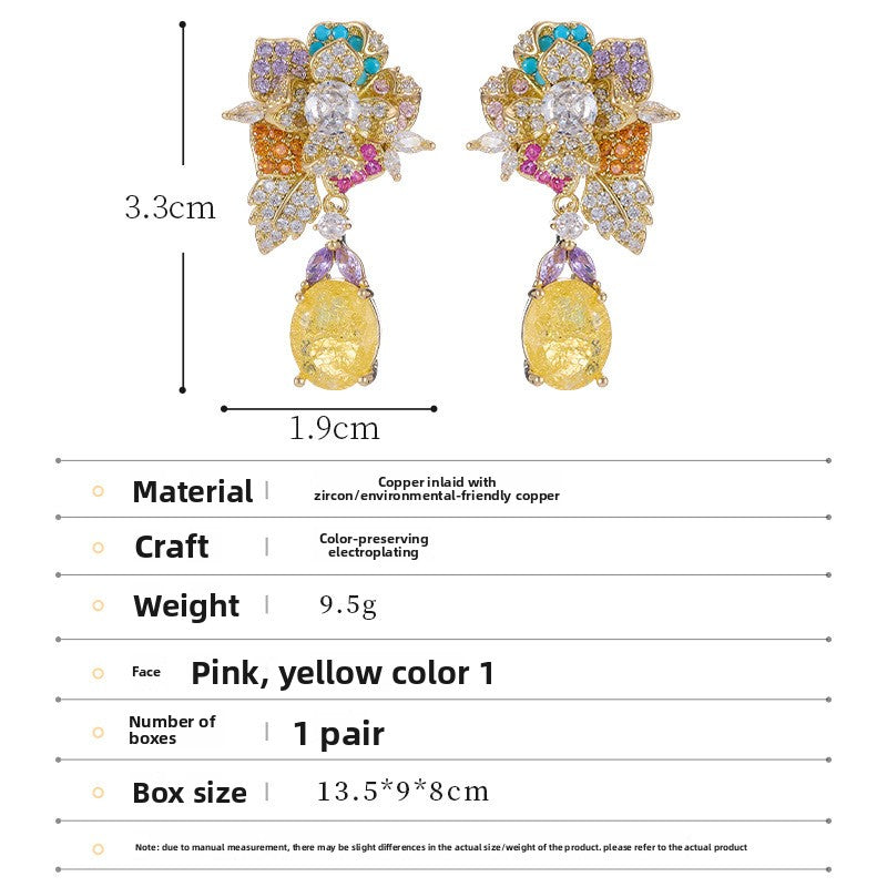 Elaborate Flowers Earrings For Women Featuring Copper Material And Zircon Inlay With 925 Sterling Silver Ear Pins In Colour