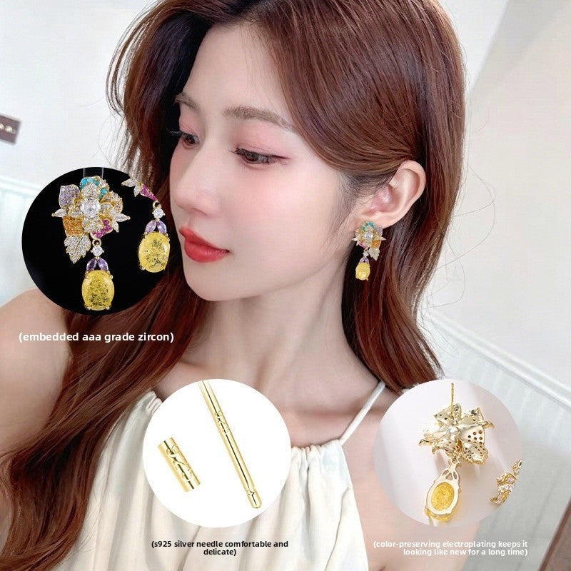 Elaborate Flowers Earrings For Women Featuring Copper Material And Zircon Inlay With 925 Sterling Silver Ear Pins In Colour