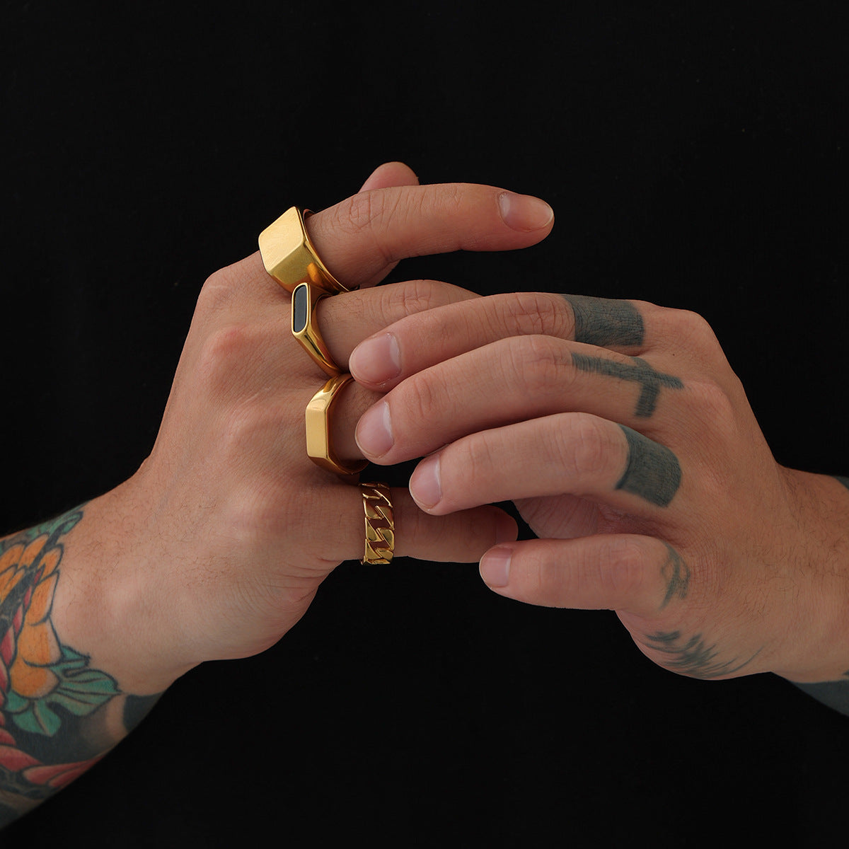 Men's Square Gold Open Rings In Metal, 4 Pieces Set
