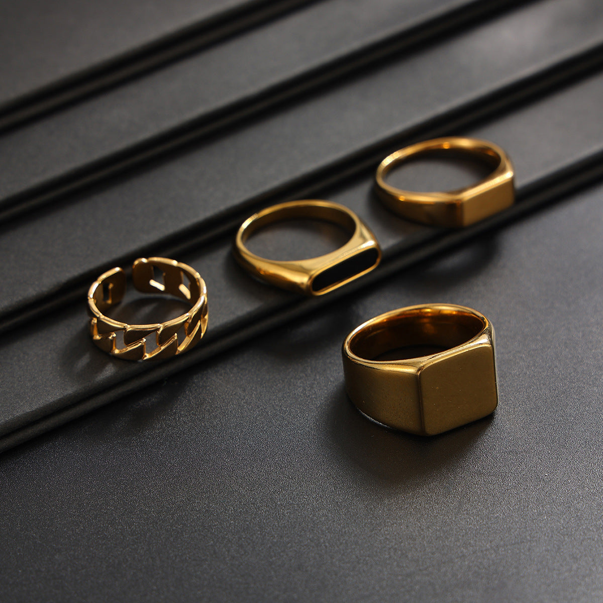 Men's Square Gold Open Rings In Metal, 4 Pieces Set