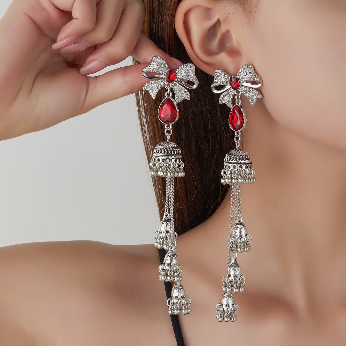 Ethnic Style Bow Tie Tassel Earrings For Women In White Zinc Alloy With Rhinestone Inlay